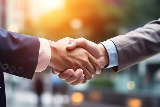 Handshake of two businessmen in suits outdoors, Generative AI