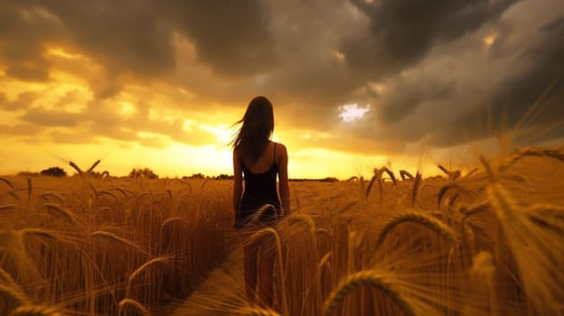 Young woman walking through a field with grain, generative ai