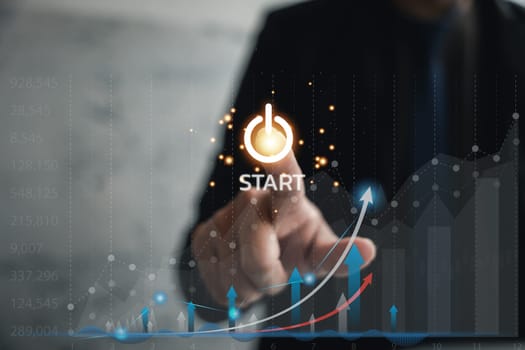 Business man startup concept. icon business and network connection on modern virtual interface. Entrepreneurship. Business planning, start up with business growth graph