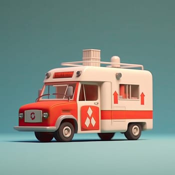 Ambulance 3d cartoon illustration - Generative AI. Ambulance, automobile, wheels, cross.