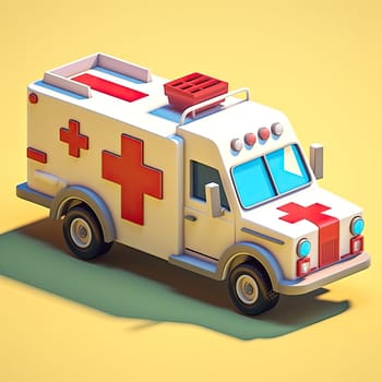 Ambulance 3d cartoon illustration - Generative AI. Ambulance, automobile, wheels, cross.