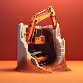 Excavator 3d cartoon illustration - Generative AI. Excavator, scoop, caterpillar, construction.