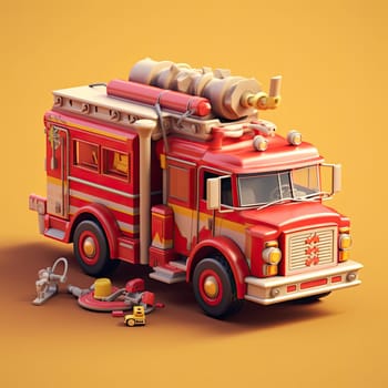 Fire truck 3d cartoon illustration - Generative AI. Fire, truck, transport, wheels.