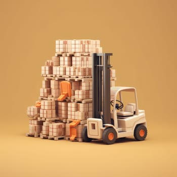 Forklift 3d cartoon illustration - Generative AI. Forklift, transport, lift, box, wheels.