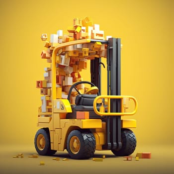 Forklift 3d cartoon illustration - Generative AI. Forklift, transport, lift, box, wheels.