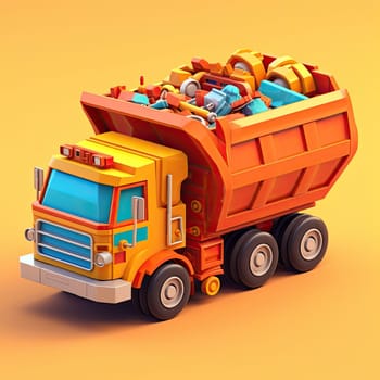 Garbage truck 3d cartoon illustration - Generative AI. Garbage, truck, transport, trash, wheels.