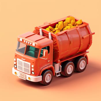 Garbage truck 3d cartoon illustration - Generative AI. Garbage, truck, transport, trash, wheels.