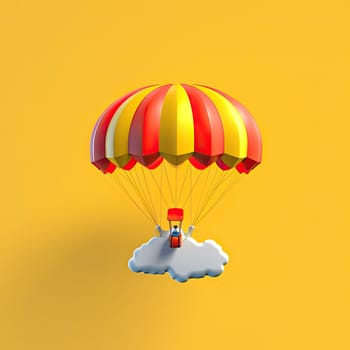 Parachute 3d cartoon illustration - Generative AI. Parachute, transport, cloud, slings, box.