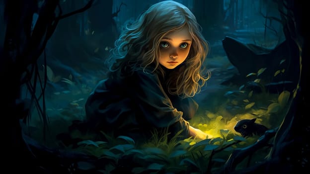 portrait of a girl lost in a fairytale forest, a little witch, made with Generative AI. High quality illustration