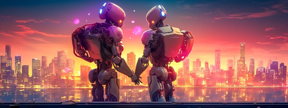 robot couple in love on a viewpoint with a panorama of a modern city, made with Generative AI. High quality illustration