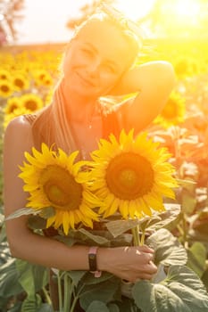 Beautiful woman in sunflower field at sunset enjoying summer nature. Attractive blonde with long healthy hair