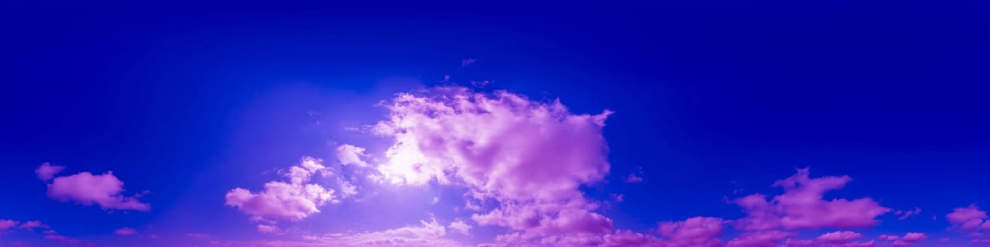 Blue sky panorama with magenta Cirrus clouds in Seamless spherical equirectangular format. Climate and weather change