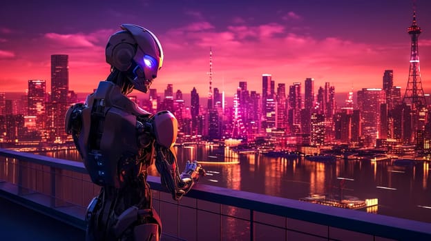 robot portrait with a futuristic city panorama in the background, future development concept, made with Generative AI. High quality illustration