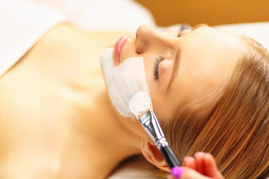 Spa facial mask application. Spa beauty organic facial mask application at day spa salon.