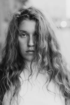 stylish young girl with curly hair in a black and white portrait. High quality photo