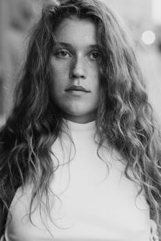 A black-and-white picture of a chic young girl with curly hair. High quality photo