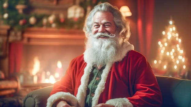 Santa Claus sitting in chair by the fireplace. Christmas and New Year concept. Home decoration. Generative Ai