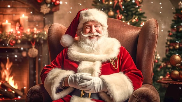 Santa Claus sitting in chair by the fireplace. Christmas and New Year concept. Home decoration. Generative Ai