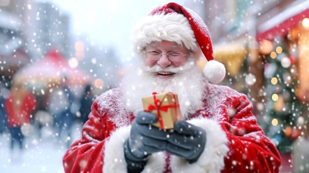 Happy Santa Claus outdoors in snowfall hands crossed. Generative Ai.