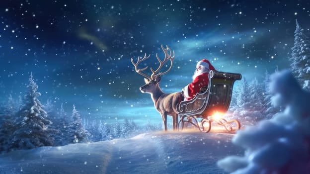 Santa Claus rides in a reindeer sleigh in a winter forest. Christmas holidays. Generative Ai