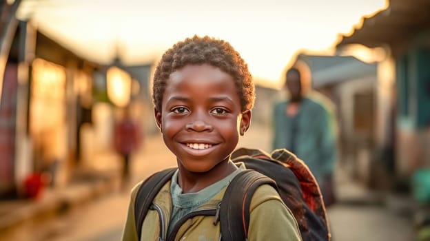 African kid with backpack is looking to the camera and walking to school on the dusty street. Back to school. Generative ai