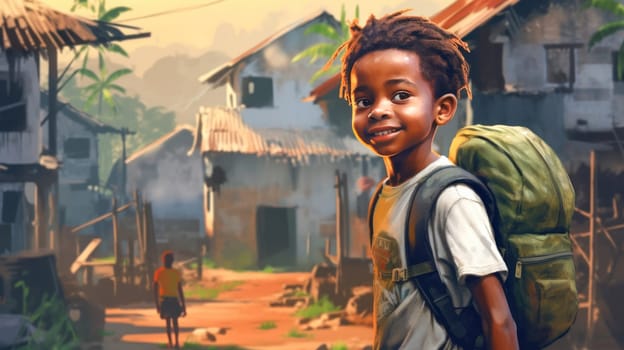 African kid with backpack is looking to the camera and walking to school on the dusty street. Back to school. Generative ai