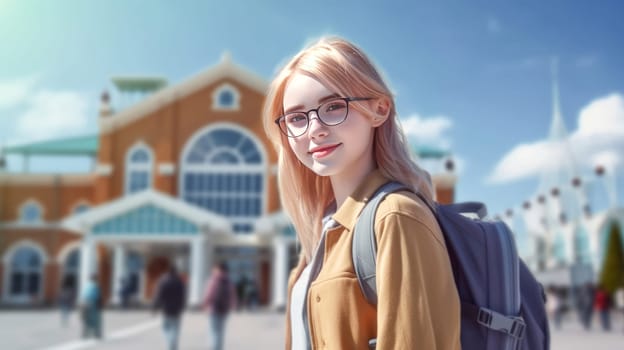 Happy caucasian teenager female student looking at camera with blurred school building on background. Back to school. Generative Ai