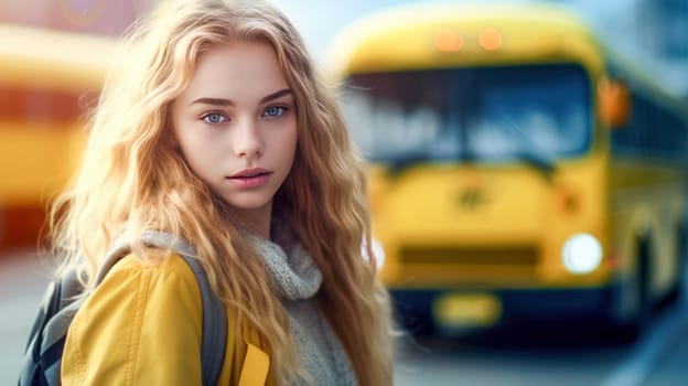 Happy caucasian teenager female student holding books looking at camera with blurred school building on background. Back to school. Generative Ai