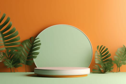 Minimal abstract colorful podium with tropical leaves, product display. AI Generative