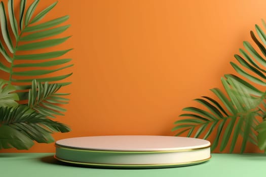 Minimal abstract colorful podium with tropical leaves, product display. AI Generative