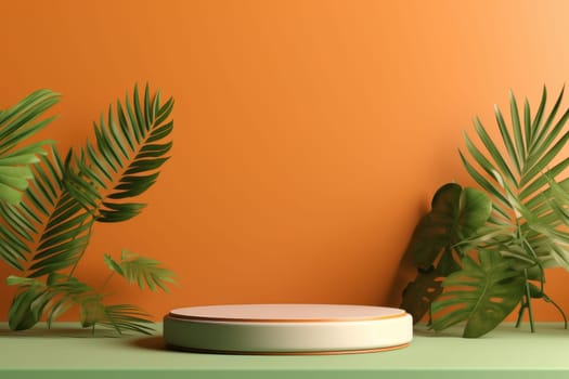 Minimal abstract colorful podium with tropical leaves, product display. AI Generative