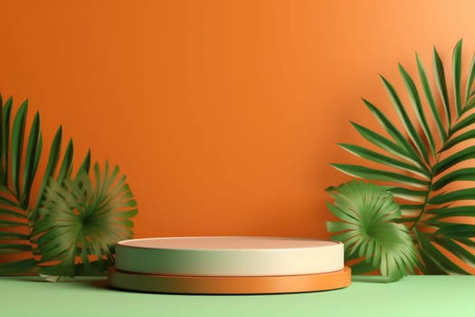 Minimal abstract colorful podium with tropical leaves, product display. AI Generative