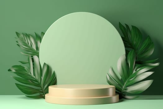 Minimal abstract round colorful podium with tropical leaves, product display. AI Generative