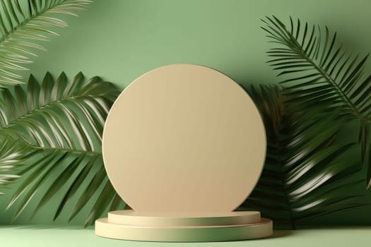 Minimal abstract round colorful podium with tropical leaves, product display. AI Generative