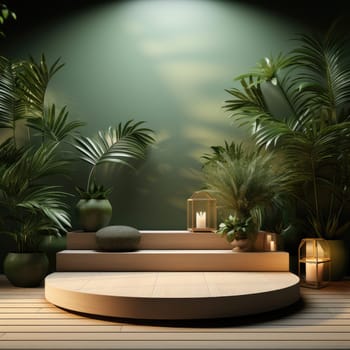 Minimal abstract round colorful podium with tropical leaves, product display. AI Generative