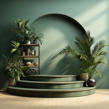 Minimal abstract round colorful podium with tropical leaves, product display. AI Generative