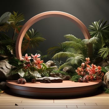 Minimal abstract round colorful podium with tropical leaves, product display. AI Generative