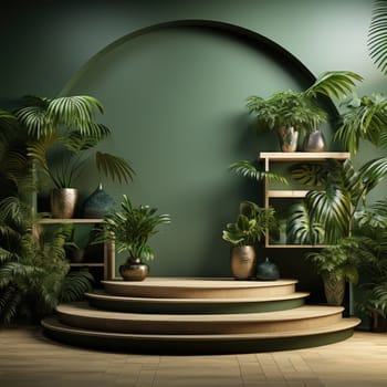 Minimal abstract round colorful podium with tropical leaves, product display. AI Generative