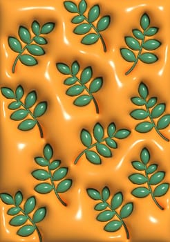 Green branches on orange background, 3D rendering illustration