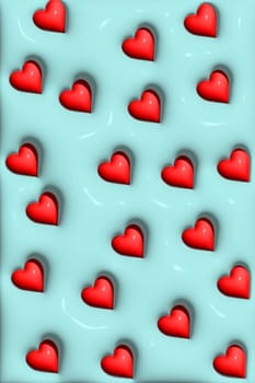 Abstract blue background with red hearts, wallpaper for mobile devices, 3D illustration