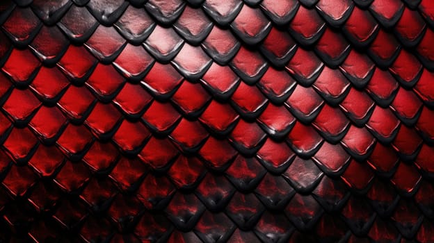 Red and black exotic snake skin pattern or dragon scale texture as a wallpaper. AI generated image