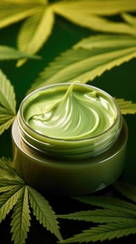 Moisturizing cream in jar with hemp leaves on blurred background. Cosmetic cream for skin care. Natural cosmetics. AI generated vertical image