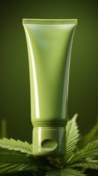 Hemp skin care cosmetic product in mockup packaging tube. Moisturizing cannabis cream or lotion with leaves. AI generated vertical image