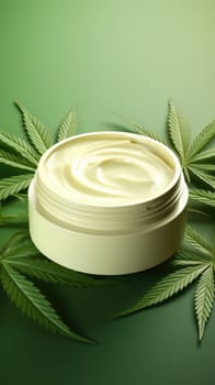Moisturizing cream in jar with hemp leaves on blurred background. Cosmetic cream for skin care. Natural cosmetics. AI generated vertical image