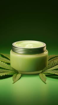 Moisturizing cream in jar with hemp leaves on blurred background. Cosmetic cream for skin care. Natural cosmetics. AI generated vertical image