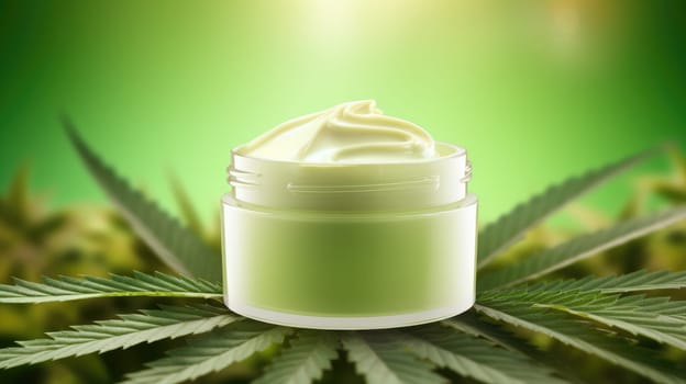 Moisturizing cream in jar with hemp leaves on blurred background. Cosmetic cream for skin care from hemp. Natural cosmetics. AI generated image