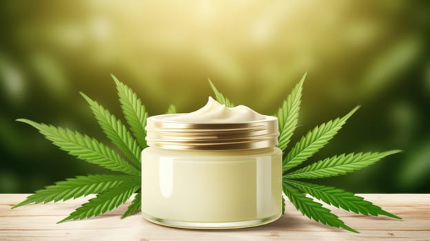 Moisturizing cream in jar with hemp leaves on blurred background. Cosmetic cream for skin care from hemp. Natural cosmetics. AI generated image