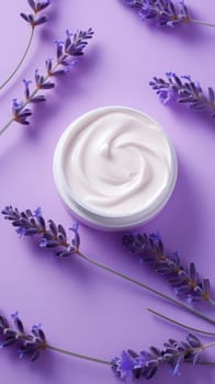 Natural lavender cosmetic cream. Moisturizer with lavender on a purple background with lavender flowers. AI generated vertical image