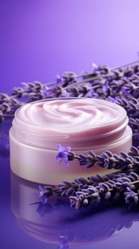 Natural lavender cosmetic cream. Moisturizer with lavender on a purple background with lavender flowers. AI generated vertical image