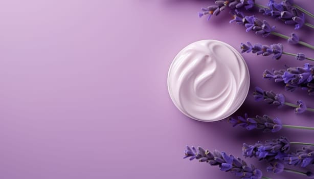 Natural lavender cosmetic cream. Moisturizer with lavender on a purple background with lavender flowers. AI generated image